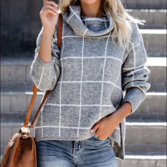 Winter Favorites: Checked Gray Cowl Neck Sweater - Picture 4 of 6